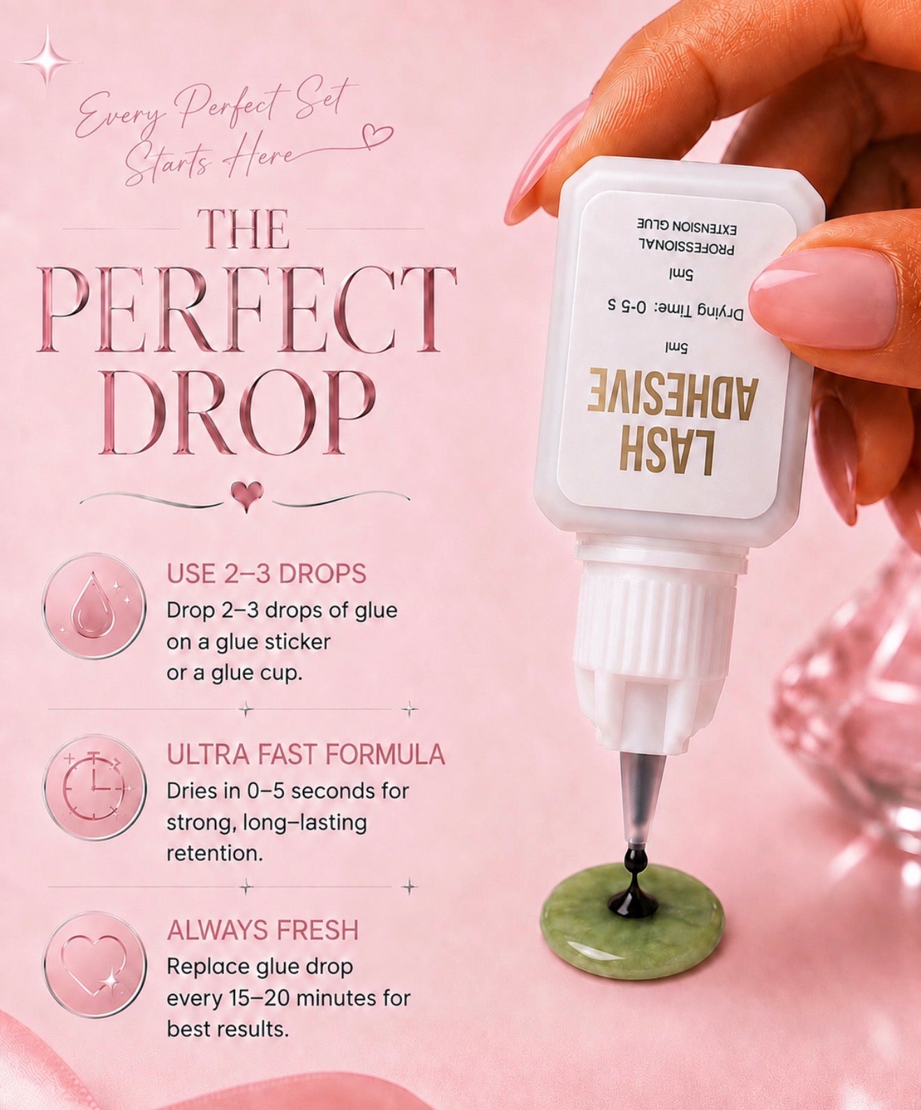 A hand holds a white bottle of lash adhesive over a green glue drop on a pink background with promotional text reading 'The Perfect Drop' and product usage details.0-5 sec Ultra Fast Black Lash Extension Adhesive Glue Bratty Beauty XO