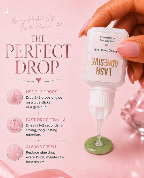 A hand with pink manicured nails holds a small white bottle of lash adhesive over a pink background with text callouts and a small green adhesive drop on a surface below.1-2 Seconds Fast Clear Lash Extension Adhesive Glue Bratty Beauty XO