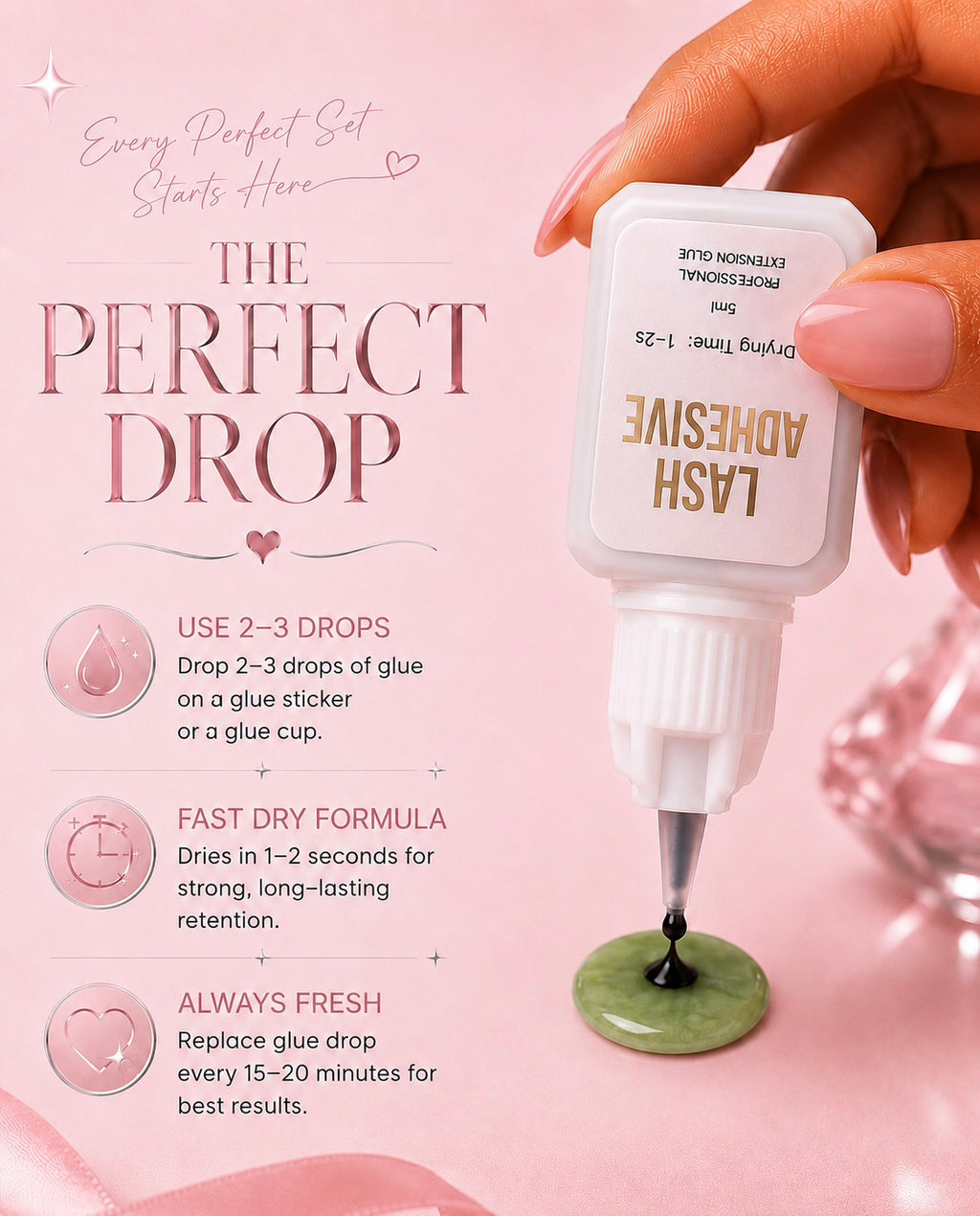 A hand holds a small white bottle of lash adhesive over a green glue stick on a soft pink background. The left side features promotional text reading 'The Perfect Drop' with usage instructions. 1-2 Seconds Fast Black Lash Extension Adhesive Glue Bratty Beauty XOand icons.