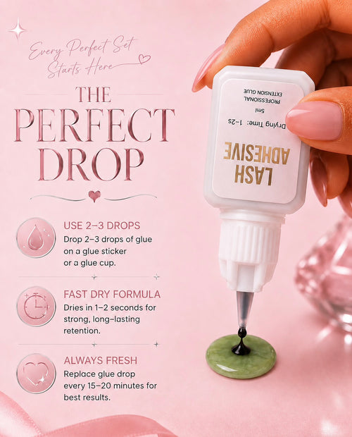A hand holds a small white bottle of lash adhesive over a green glue stick on a soft pink background. The left side features promotional text reading 'The Perfect Drop' with usage instructions. 1-2 Seconds Fast Black Lash Extension Adhesive Glue Bratty Beauty XOand icons.
