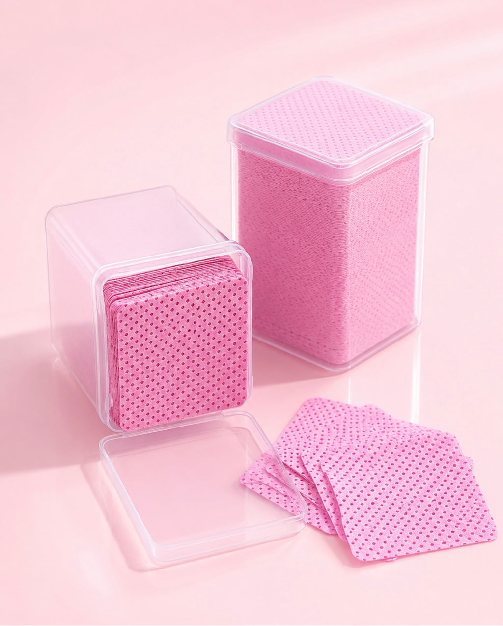 Pink textured square patches arranged with two clear plastic storage containers on a soft pink backgroundPink or White 400 pcs Lash Adhesive Wipes for Eyelash Extensions
