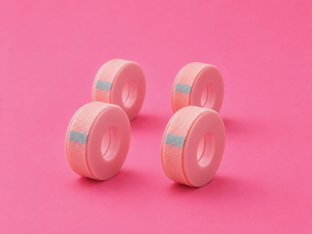 Four rolls of light pink athletic lash tape arranged on a solid pink background.4 Rolls Pretty Pink Soft Lash Tape For Eyelash Extensions Bratty Beauty XO