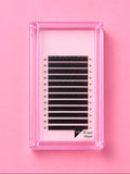 A pack of black D-curl eyelash extensions in a clear pink plastic tray, set against a solid pink background.Bratty Beauty XO Matte Black 0.05 D Curl 10mm Lash Extension Tray