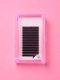 A pack of black false eyelashes with a D curl, presented in a clear pink plastic case on a solid pink background.Bratty Beauty XO Matte Black 0.07 D Curl 13mm Lash Extension Tray