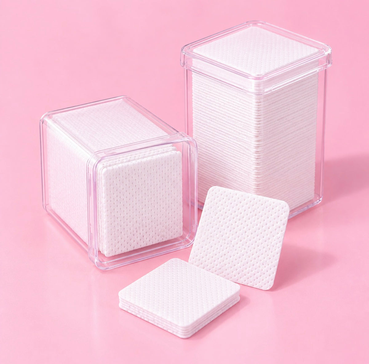clear plastic square containers holding stacks of white square cotton pads, with two additional pads leaning in front, set against a solid pink background. Pink or White 400 pcs Lash Adhesive Wipes for Eyelash Extensions