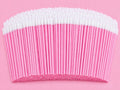 A large bundle of pink paper straws with white cotton swab tips, arranged in a curved fan shape on a solid pink backgroundPink or Black Disposable Lip Brushes/ Lip Wands | 500 or 700 pcs