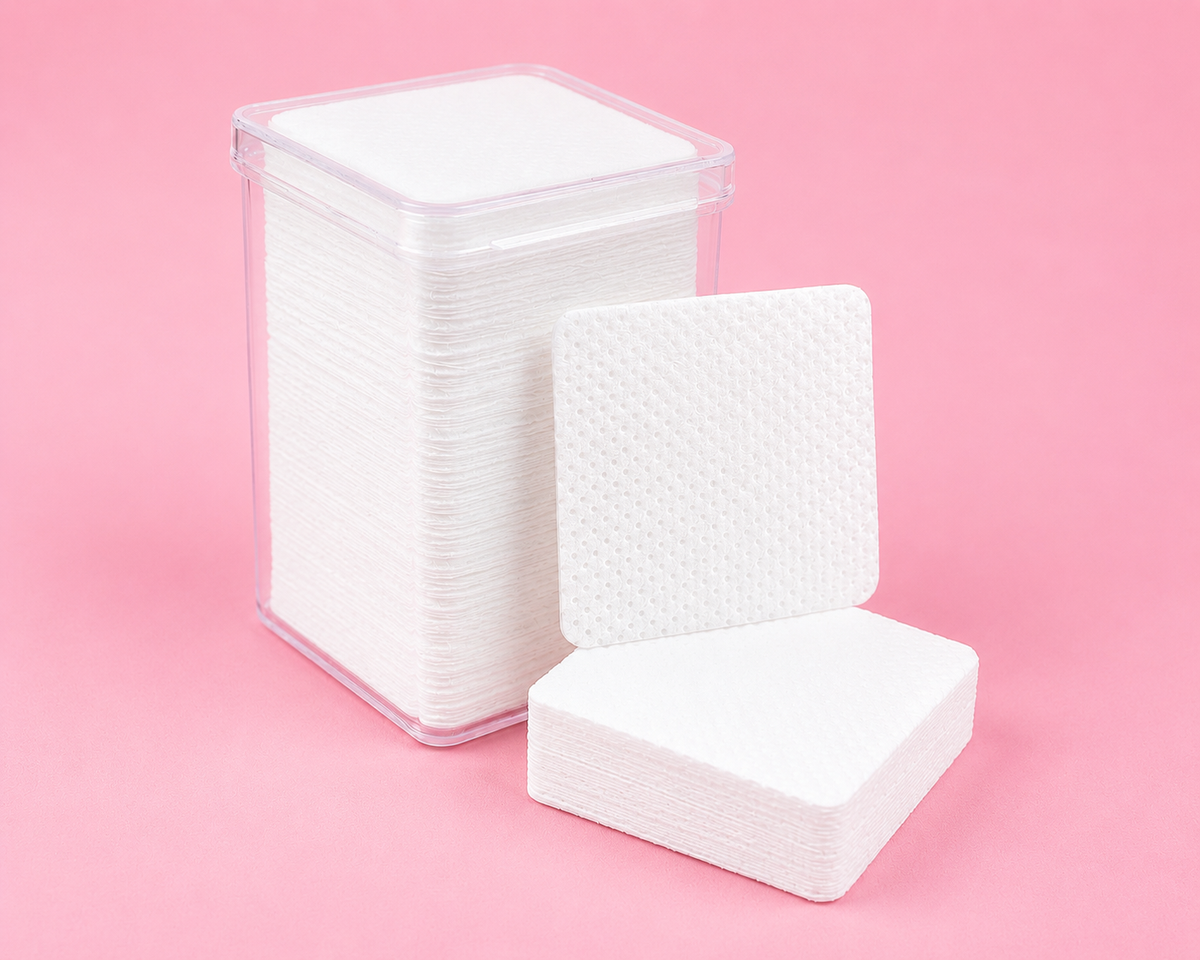 A stack of white cotton pads in a clear plastic container next to two individual stacks of white cotton pads on a solid pink background. Pink or White 400 pcs Lash Adhesive Wipes for Eyelash Extensions