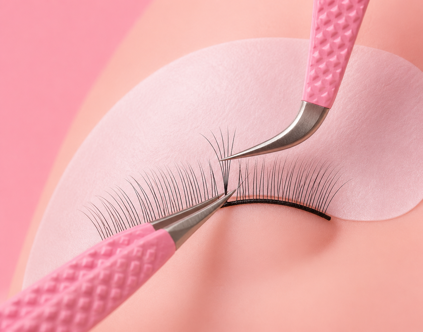 Close-up of false eyelashes being applied with pink-handled tweezers over a pale pink eye patch on skin.30 Pairs Of Practice Lash Strips for Mannequin Head | 3 Packs Bratty Beauty XO