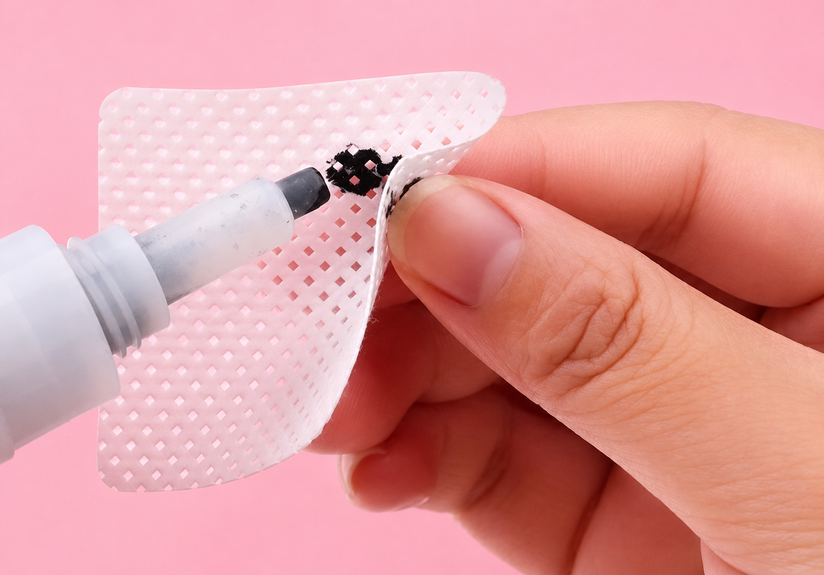 A close-up of a hand holding a white, textured adhesive bandage while applying black adhesive from a small applicator tool. Pink or White 400 pcs Lash Adhesive Wipes for Eyelash Extensions