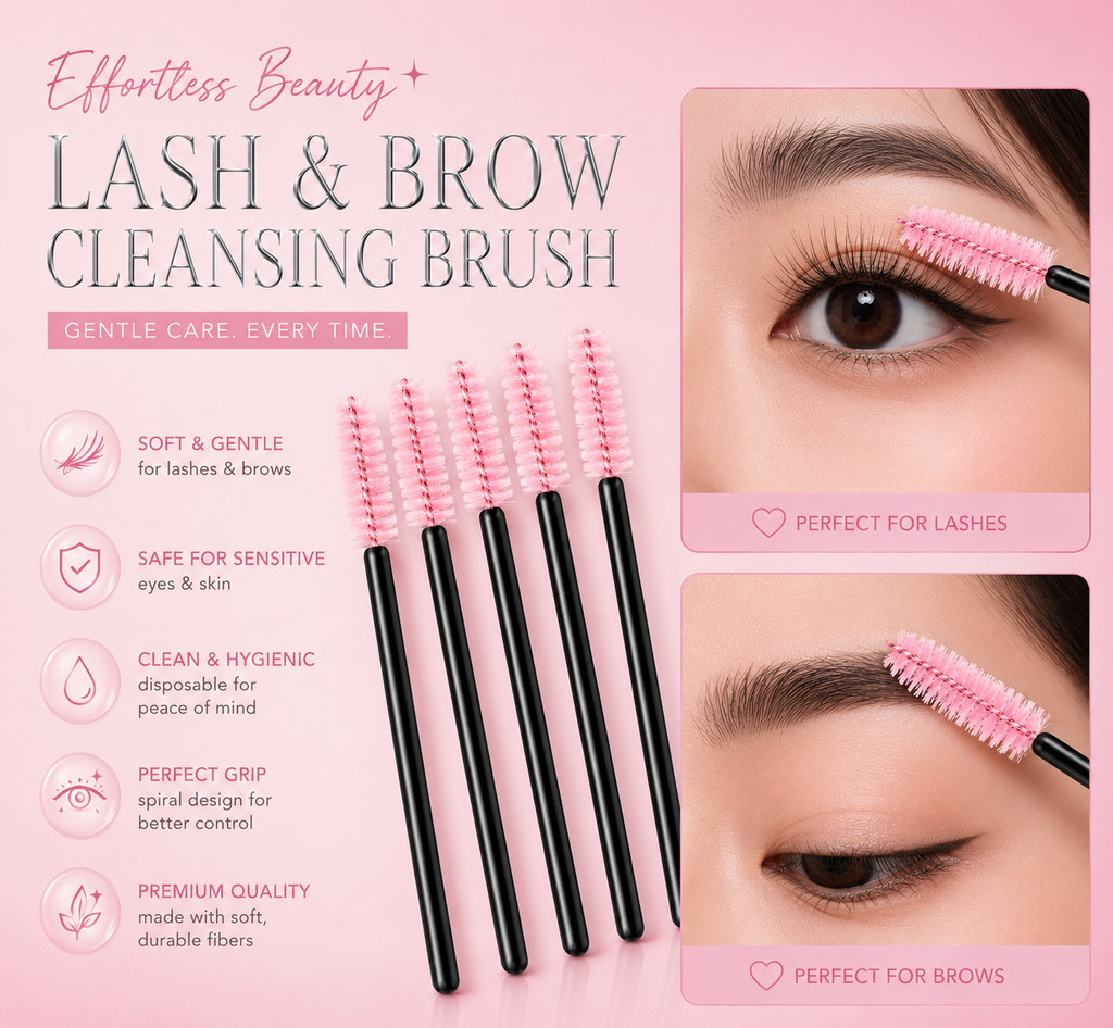 Lash and brow cleansing brush set on a pink background, featuring five spoolie-style brushes with pink bristles and black handles, alongside close-up panels showing the brushes being used on an eye and eyebrow.100 or 300 pcs | Disposable Lash Spoolies for Eyelash Extensions Bratty Beauty XO
