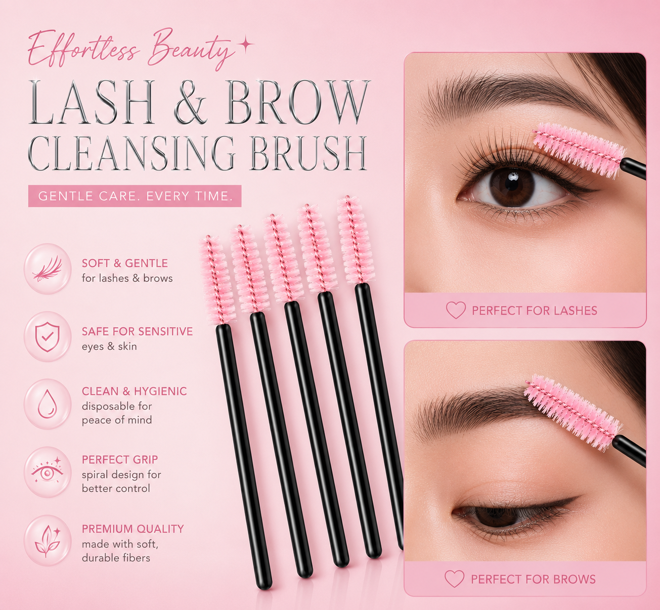 Lash and brow cleansing brush set on a pink background, featuring five spoolie-style brushes with pink bristles and black handles, alongside close-up panels showing the brushes being used on an eye and eyebrow.100 or 300 pcs | Disposable Lash Spoolies for Eyelash Extensions Bratty Beauty XO