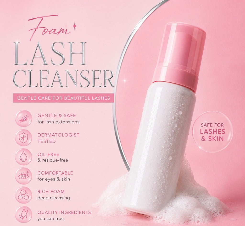 Pink and white Foam Lash Cleanser bottle shown with foaming liquid at its base on a soft pink background, with product benefits listed on the left and a circular inset showing the bottle from the back. 100 ml Luxury Whipped Lash Shampoo Cleanser | Deep Cleansing & Oil-Free Formula bratty beauty xo