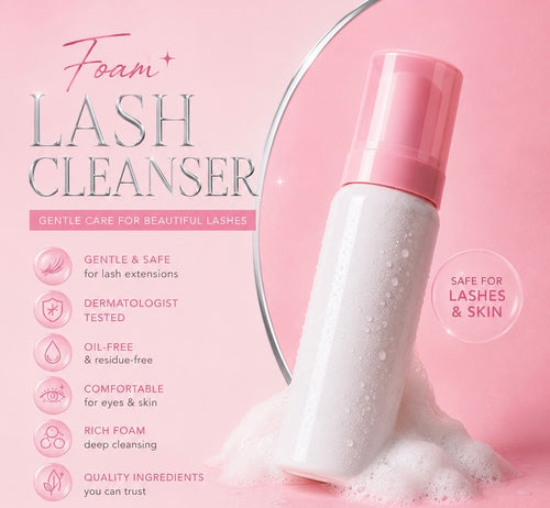 Pink and white Foam Lash Cleanser bottle shown with foaming liquid at its base on a soft pink background, with product benefits listed on the left and a circular inset showing the bottle from the back. 100 ml Luxury Whipped Lash Shampoo Cleanser | Deep Cleansing & Oil-Free Formula bratty beauty xo