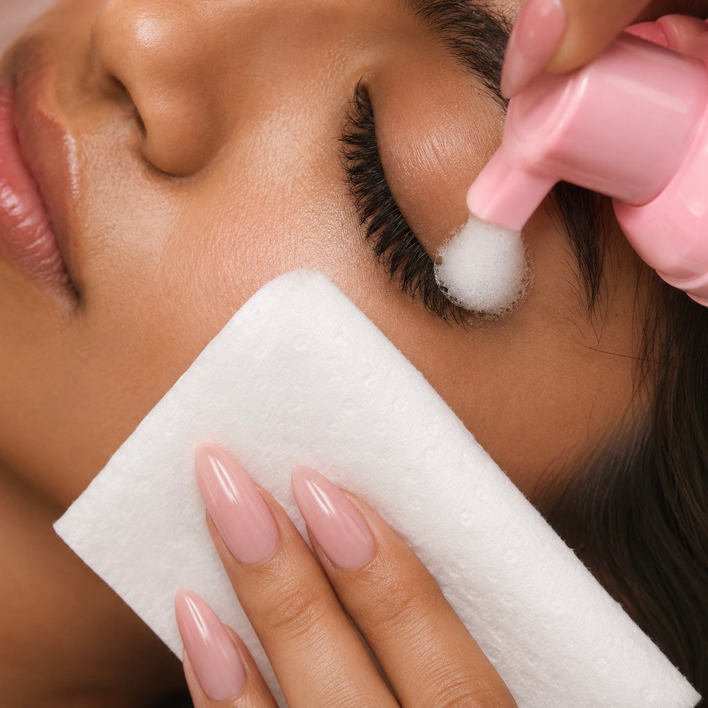 Close-up of a person receiving an eyelash treatment, with a pink applicator applying foam to the closed eye while a white cotton pad is held against the cheek. 100 ml Luxury Whipped Lash Shampoo Cleanser | Deep Cleansing & Oil-Free Formula bratty beauty xo