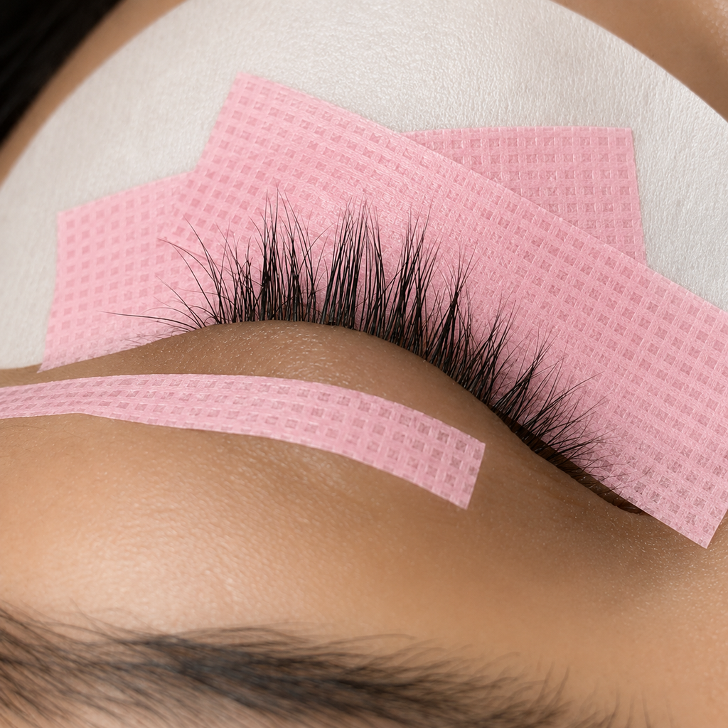 Close-up of false eyelashes applied to a closed eye, with pink adhesive strips securing the lashes and a white patch visible behind the eye area. 4 Rolls Pretty Pink Soft Lash Tape For Eyelash Extensions Bratty Beauty XO 
