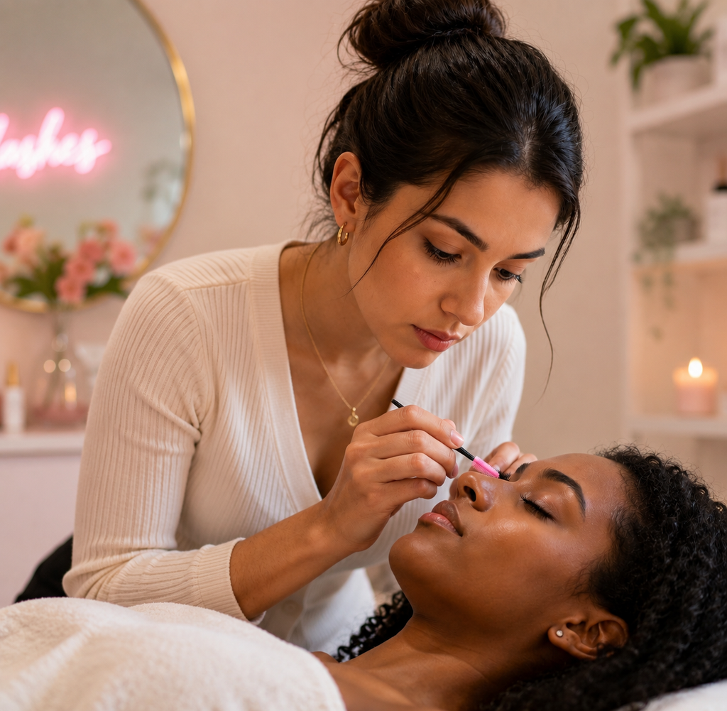 A beauty therapist applies false eyelashes to a client lying down in a spa setting. The therapist is wearing a white ribbed long-sleeve top and gold jewelry, while the client is draped in a white towel100 or 300 pcs | Disposable Lash Spoolies for Eyelash Extensions Bratty Beauty XO