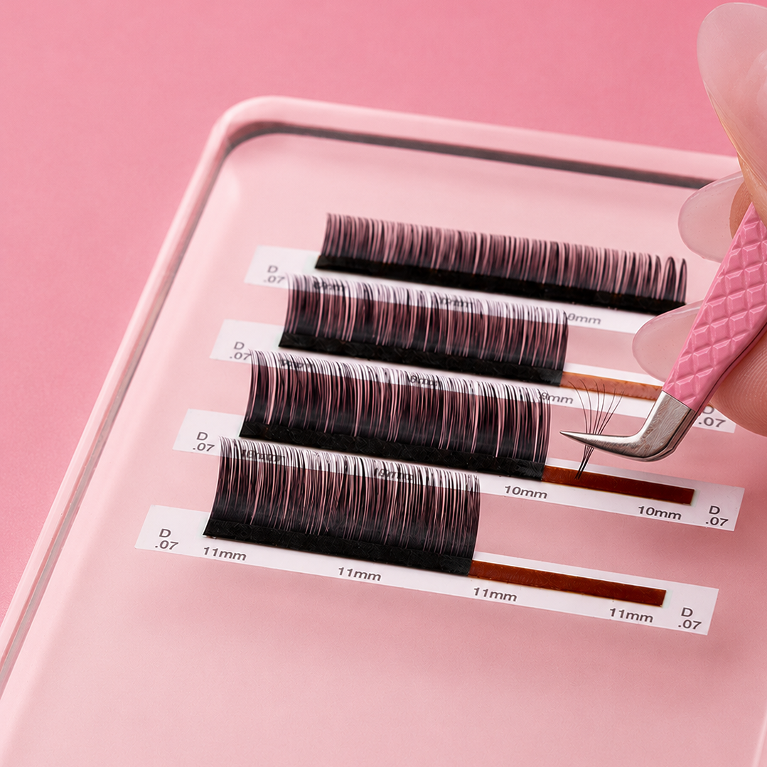 Close-up of false eyelash clusters arranged on a pink tray, with tweezers holding one pair. The tray has printed measurements in millimeteres, and a hand is visible at the right edge holding the tweezers.Rosie Pink Acrylic Lash Tile Bratty Beauty XO