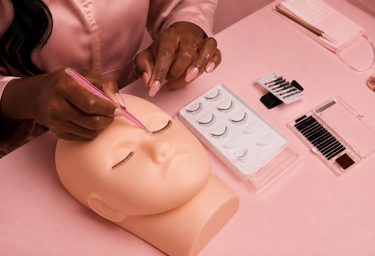 A close-up of a person applying false eyelashes using pink tweezers on a mannequin head, with several trays of false lashes and lash tools arranged on a pink tabletop.Lash Practice Mannequin Head Bratty Beauty XO