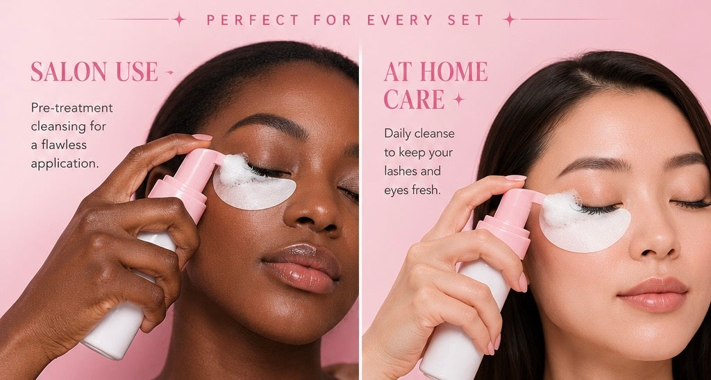 A split-screen beauty advertisement showing a woman applying a white eye mask under her eye while holding a pink and white cleansing spray bottle. The left side reads 'SALON USE' and the right side reads 'AT HOME CARE' against a solid pink background. 100 ml Luxury Whipped Lash Shampoo Cleanser | Deep Cleansing & Oil-Free Formula bratty beauty xo