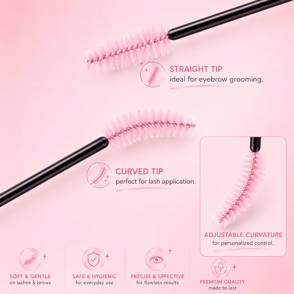 A pair of black eyebrow grooming brushes with pink bristles, shown on a soft pink background with feature callouts for straight tip, curved tip, adjustable curvature, and soft gentle use.100 or 300 pcs | Disposable Lash Spoolies for Eyelash Extensions Bratty Beauty XO