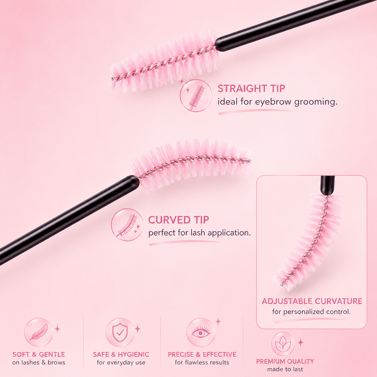 A pair of black eyebrow grooming brushes with pink bristles, shown on a soft pink background with feature callouts for straight tip, curved tip, adjustable curvature, and soft gentle use.100 or 300 pcs | Disposable Lash Spoolies for Eyelash Extensions Bratty Beauty XO