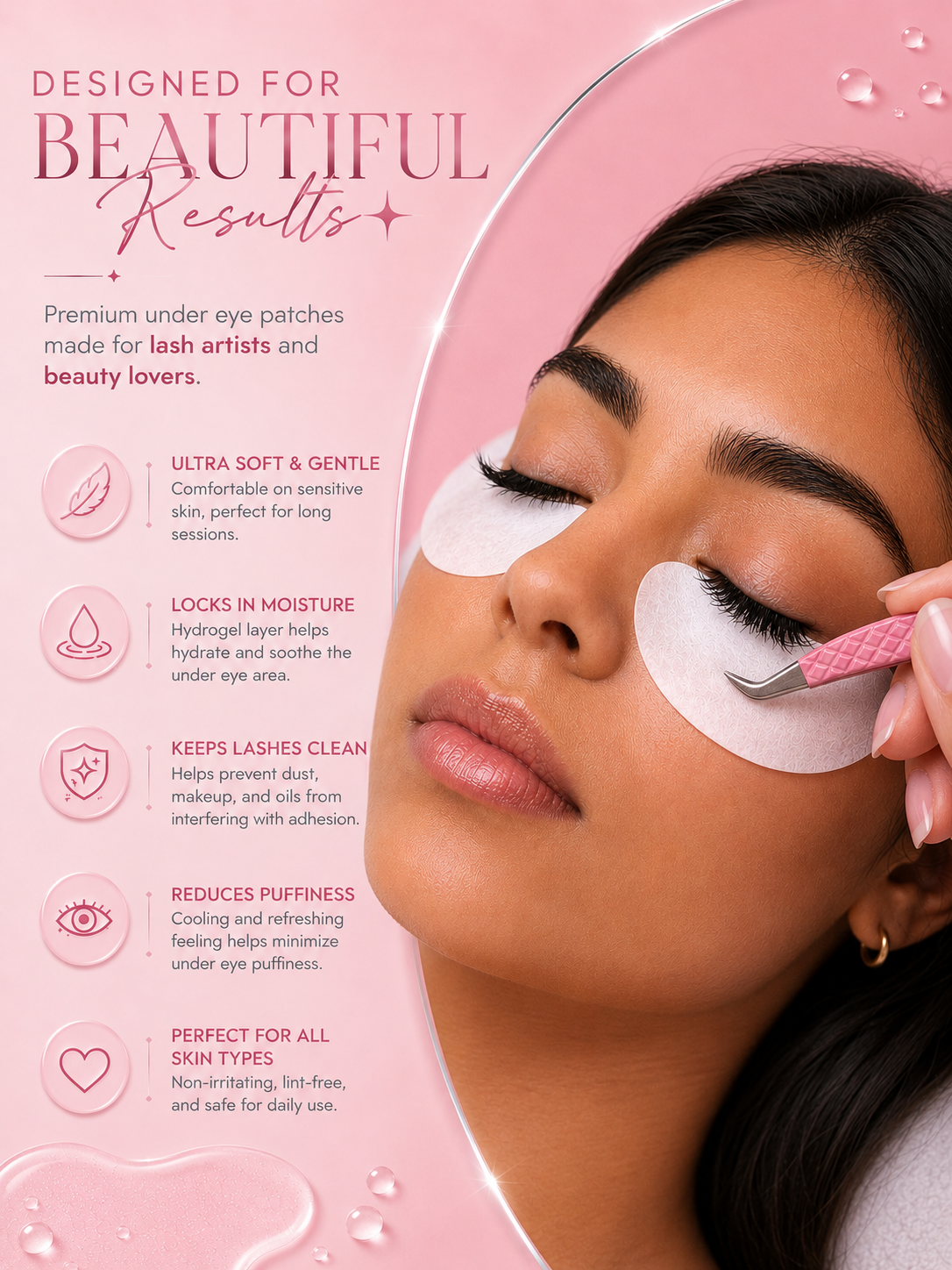 A beauty promotional graphic showing a woman with under-eye patches applied, a pink-handled tweezzer touching her lash area, and pink text reading 'Designed for Beautiful Results' plus feature callouts about ultra-soft gentleness, moisture lock, cleanliness, and suitability for all skin types.100 pairs Of Hydrogel Under Eye Patches Bratty Beauty XO